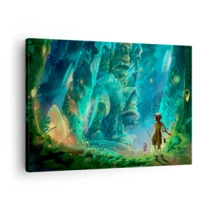 Tablou pe pânză Canvas - Pădure magică cu un personaj explorator - 70x50cm - Din Marea Carte a Basmelor - Decorațiune modernă pentru perete pentru living și dormitor ARTTOR