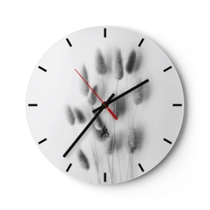 Ceas de perete - Ceas pe sticlă - Compoziție alb-negru cu ierburi pe un fundal deschis - 30x30cm - Pufoșenia ierbii - Decorațiune modernă pentru perete pentru living, bucătărie și dormitor ARTTOR