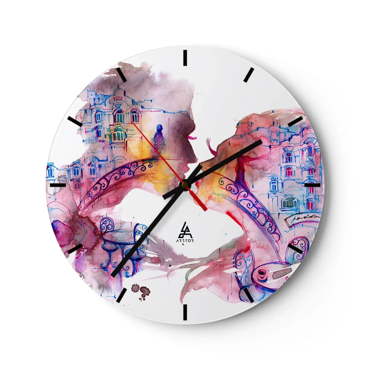 Ceas de perete - Ceas pe sticlă - Grafică colorată cu un pod și arhitectură în fundal - 30x30cm - Podul secret al suspinelor - Decorațiune modernă pentru perete pentru living, bucătărie și dormitor ARTTOR