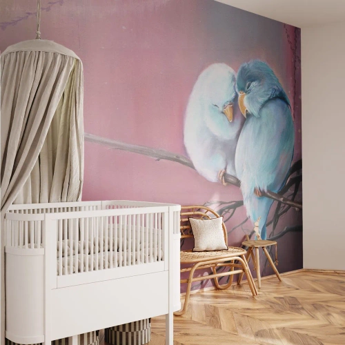 Tapet Standard Eco - Păsări de dragoste pe o ramură pe un fundal roz - 100x70cm - Ce mai este de adăugat?... - Decorațiune modernă pentru perete pentru living și dormitor ARTTOR