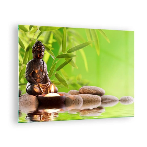 Tablou pe sticlă - O figură a lui Buddha cu o lumânare aprinsă într-un cadru verde - 70x50cm - Viața este frumoasă - Decorațiune modernă pentru perete pentru living și dormitor ARTTOR