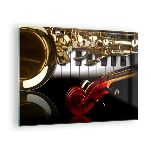 Tablou pe sticlă - Saxofon, claviatură și arcuș într-o compoziție artistică - 70x50cm - Tablă, lemn și fildeș - Decorațiune modernă pentru perete pentru living și dormitor ARTTOR