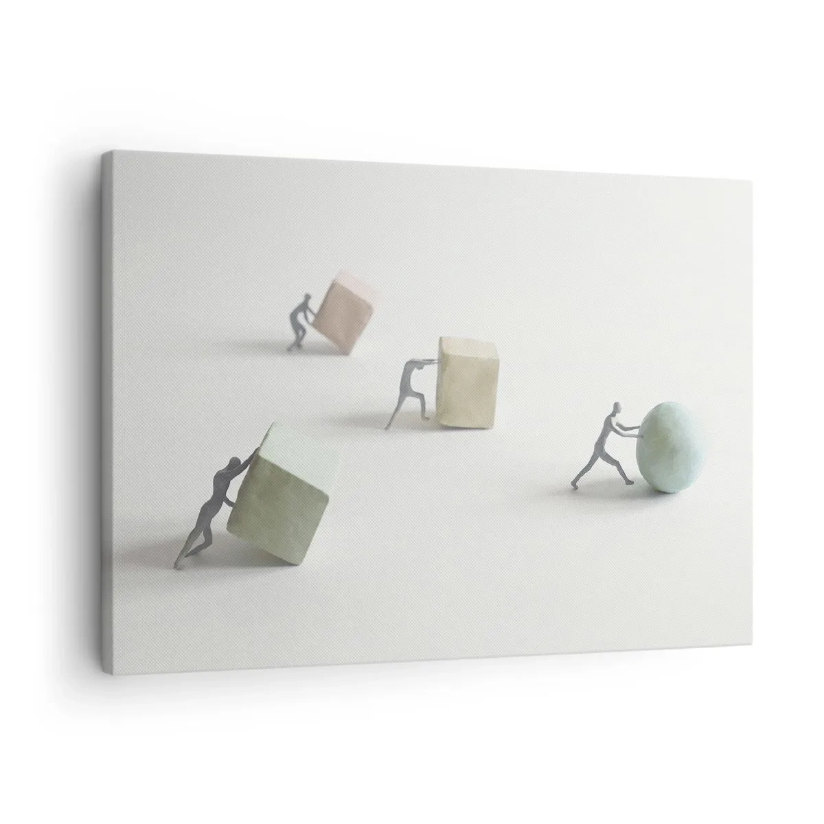 Tablou pe pânză Canvas - Figurine miniaturale împingând forme pe un fundal luminos - 70x50cm - Viața însăși - Decorațiune modernă pentru perete pentru living și dormitor ARTTOR