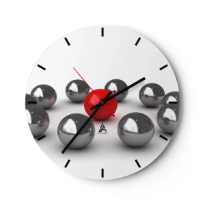 Ceas de perete - Ceas pe sticlă - Bile roșii și argintii pe fundal alb, un model minimalist - 30x30cm - Cerc în argintiu și roșu - Decorațiune modernă pentru perete pentru living, bucătărie și dormitor ARTTOR