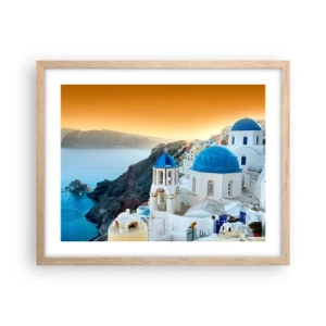 Poster în ramă de stejar deschis - Santorini - îmbrățișat de stânci - 50x40 cm