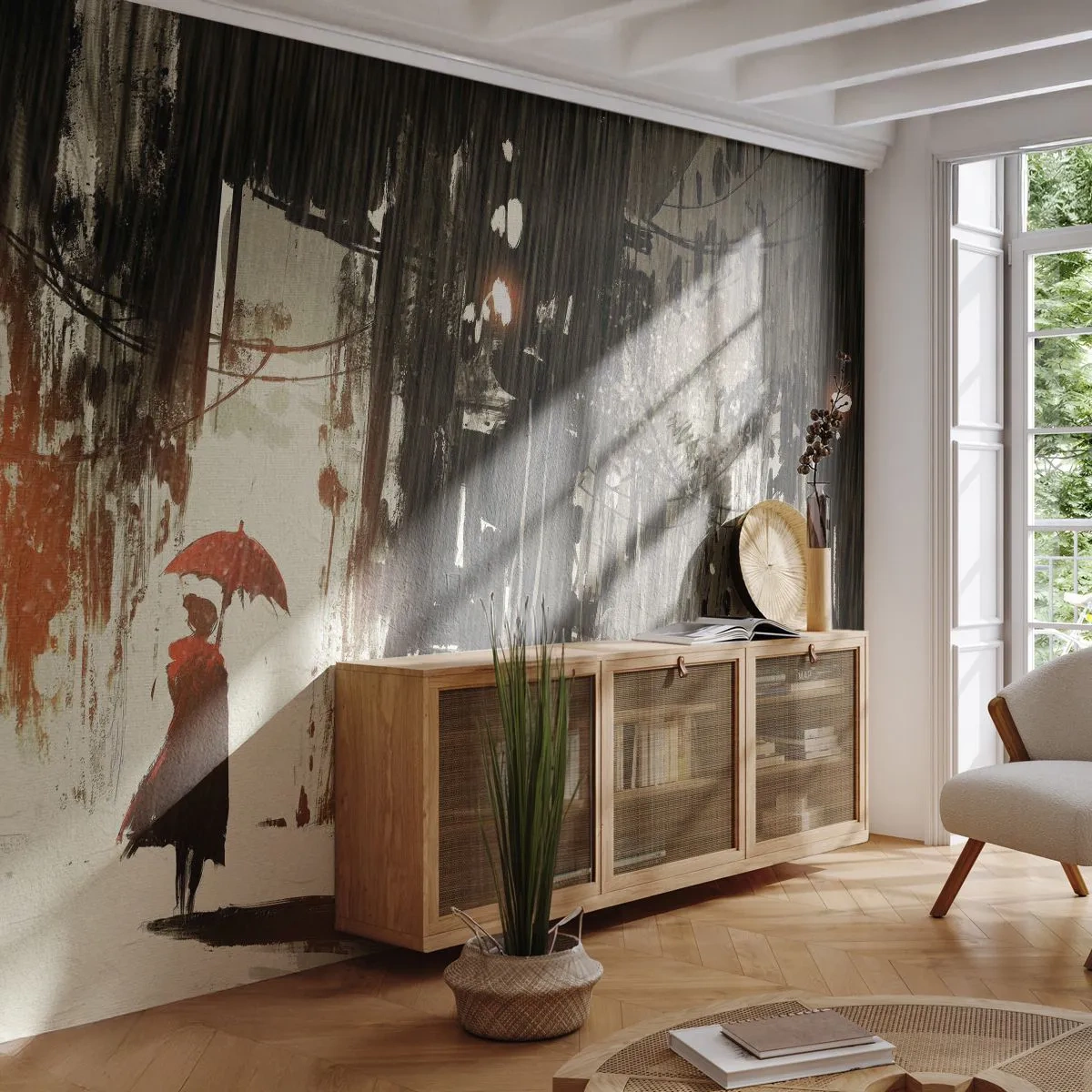 Tapet Premium Sand - Poezia umbrelei roșii - Oraș, Femeie, Arhitectură - 400x280 cm