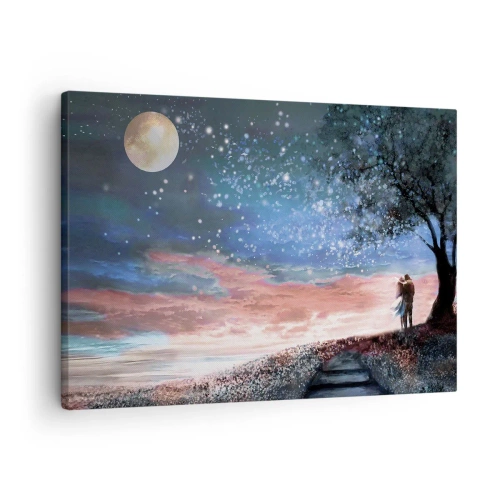 Tablou pe pânză Canvas - Scenă romantică de cuplu sub luna plină - 70x50cm - O performanță stelară - Decorațiune modernă pentru perete pentru living și dormitor ARTTOR