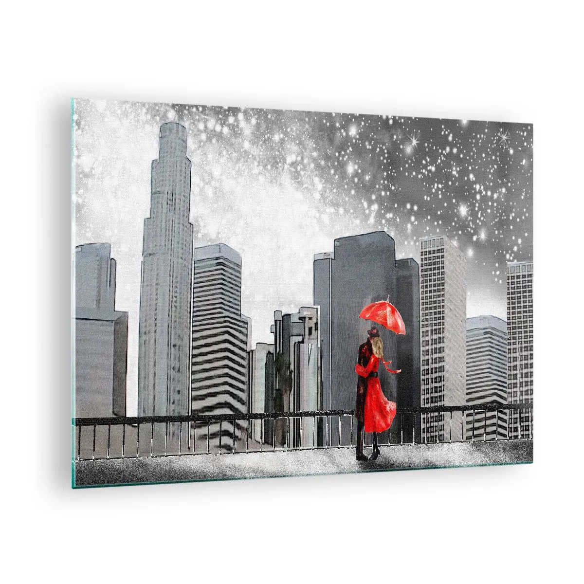 Tablou pe sticlă - Un cuplu cu o umbrelă roșie stând în fața unui peisaj urban noaptea - 70x50cm - Un om, nu o piatră - Decorațiune modernă pentru perete pentru living și dormitor ARTTOR