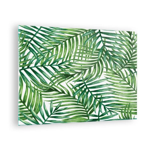 Tablou pe sticlă - Frunze de palmier verzi pe fundal alb, creând un model geometric - 70x50cm - Sub bolta verde - Decorațiune modernă pentru perete pentru living și dormitor ARTTOR