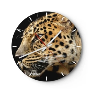 Ceas de perete - Ceas pe sticlă - Prim-plan al unui cap de leopard pe un fundal negru - 30x30cm - Calm, concentrat, pregătit - Decorațiune modernă pentru perete pentru living, bucătărie și dormitor ARTTOR