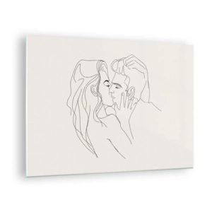 Tablou pe sticlă - Un sărut senzual al unui cuplu pe linia de contur - 70x50cm - Încurcați în sentimente - Decorațiune modernă pentru perete pentru living și dormitor ARTTOR