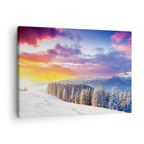 Tablou pe pânză Canvas - Peisaj de iarnă cu munți și pădure la apus - 70x50cm - În plină zi - Decorațiune modernă pentru perete pentru living și dormitor ARTTOR