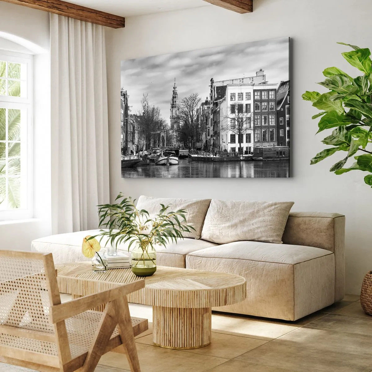 Tablou pe pânză Canvas - Panoramă alb-negru a Amsterdamului cu canal și clădiri istorice - 70x50cm - Amsterdam vibes - Decorațiune modernă pentru perete pentru living și dormitor ARTTOR