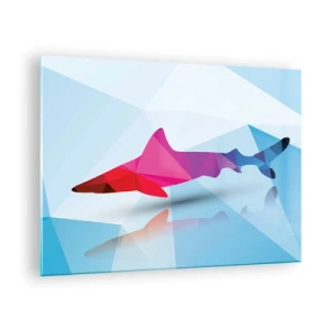 Tablou pe sticlă - Rechin geometric în nuanțe de roșu și albastru - 70x50cm - Un rechin într-un spațiu cristalin - Decorațiune modernă pentru perete pentru living și dormitor ARTTOR