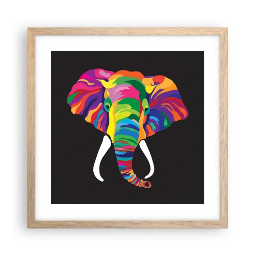 Poster în ramă de stejar deschis - Elefantul căruia îi plăcea să se scalde în curcubeu - 40x40 cm