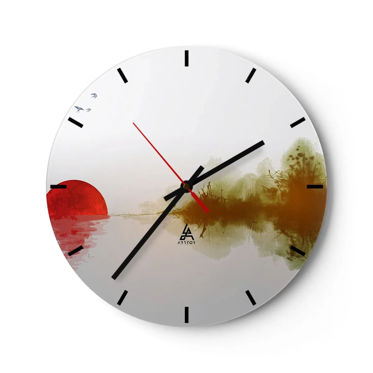 Ceas de perete - Ceas pe sticlă - Un peisaj minimalist cu un soare roșu și reflexie - 30x30cm - Promisiune de liniște - Decorațiune modernă pentru perete pentru living, bucătărie și dormitor ARTTOR