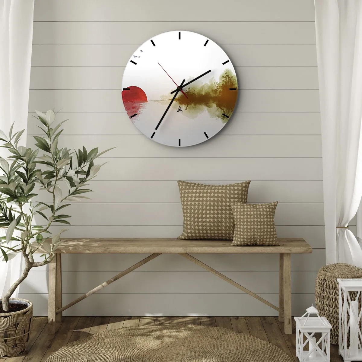 Ceas de perete - Ceas pe sticlă - Un peisaj minimalist cu un soare roșu și reflexie - 30x30cm - Promisiune de liniște - Decorațiune modernă pentru perete pentru living, bucătărie și dormitor ARTTOR