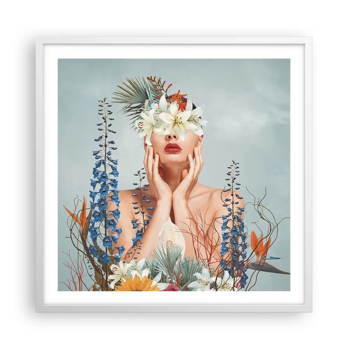 Poster în ramă albă - Femeia floare - 60x60 cm