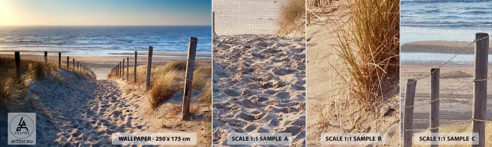 Mostră tapet Premium Canvas - Zumzet de mare, o plajă sălbatică printre ierburi... - Peisaj, plajă, Dunele - 100x30 cm