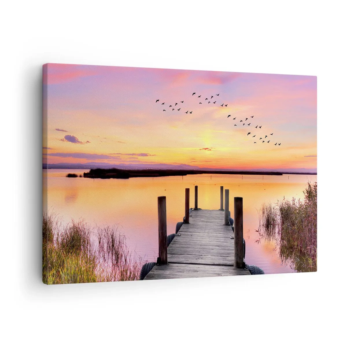 Tablou pe pânză Canvas - Un dig pe un lac la apus cu păsări pe cer - 70x50cm - Zori liniștiți în mov - Decorațiune modernă pentru perete pentru living și dormitor ARTTOR