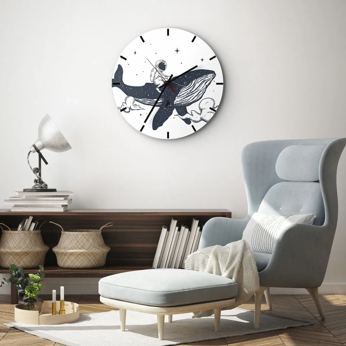 Ceas de perete - Ceas pe sticlă - Astronautul călare pe o balenă în spațiu - 30x30cm - Aventura spațială - Decorațiune modernă pentru perete pentru living, bucătărie și dormitor ARTTOR