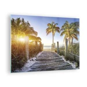 Tablou pe sticlă - Alee de lemn pe plajă înconjurată de palmieri - 70x50cm - Direct în paradis - Decorațiune modernă pentru perete pentru living și dormitor ARTTOR