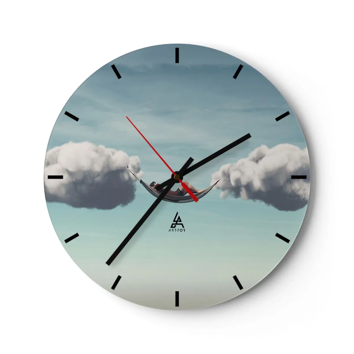 Ceas de perete - Ceas pe sticlă - Un hamac suspendat pe nori - 30x30cm - Fericirea momentului - Decorațiune modernă pentru perete pentru living, bucătărie și dormitor ARTTOR