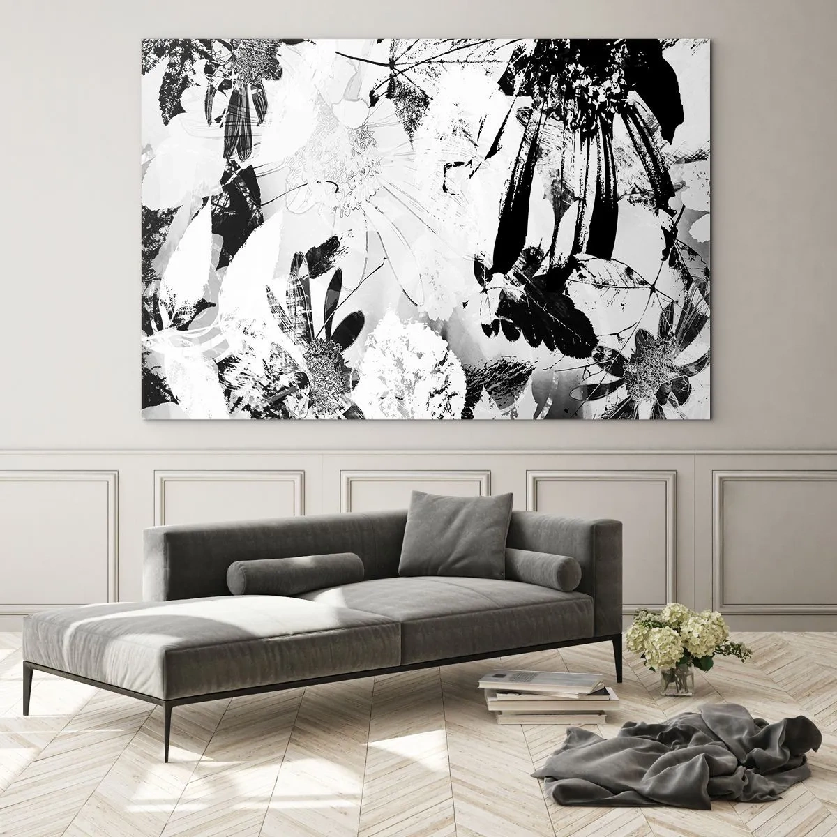 Tablou pe sticlă - Aranjament floral alb-negru într-un stil artistic - 70x50cm - Toamna în negativ - Decorațiune modernă pentru perete pentru living și dormitor ARTTOR