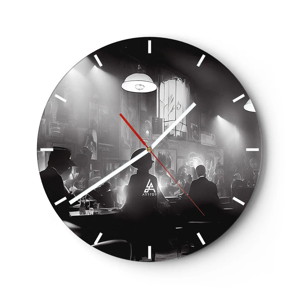 Ceas de perete - Ceas pe sticlă - Scenă alb-negru dintr-un club de jazz cu siluete de invitați - 30x30cm - În stil jazz - Decorațiune modernă pentru perete pentru living, bucătărie și dormitor ARTTOR