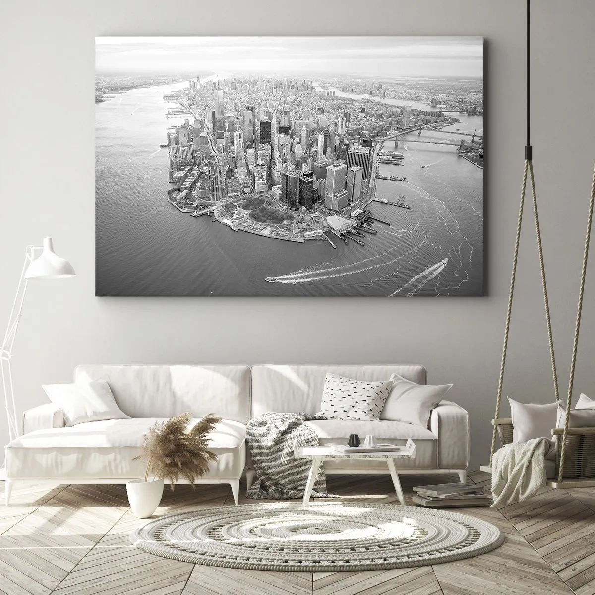 Tablou pe pânză Canvas - Vedere aeriană a Manhattanului în alb și negru - 70x50cm - Cum să nu iubești? - Decorațiune modernă pentru perete pentru living și dormitor ARTTOR