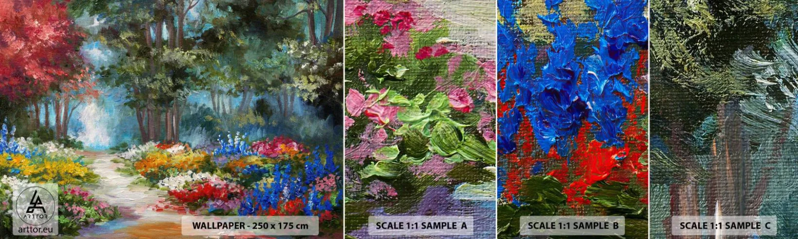 Mostră tapet autocolant Deluxe Sticker - Grădină de pădure, pădure de flori - Peisaj, Parc, Flori - 100x30 cm