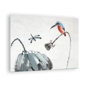 Tablou pe sticlă - Ilustrație a unei păsări colorate și a unei libelule pe un fundal de vegetație - 70x50cm - Viața de pajiște - Decorațiune modernă pentru perete pentru living și dormitor ARTTOR