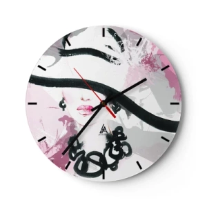 Ceas de perete - Ceas pe sticlă - Un portret elegant al unei femei într-un stil negru și roz - 30x30cm - Studiu unei dame în negru și roz - Decorațiune modernă pentru perete pentru living, bucătărie și dormitor ARTTOR