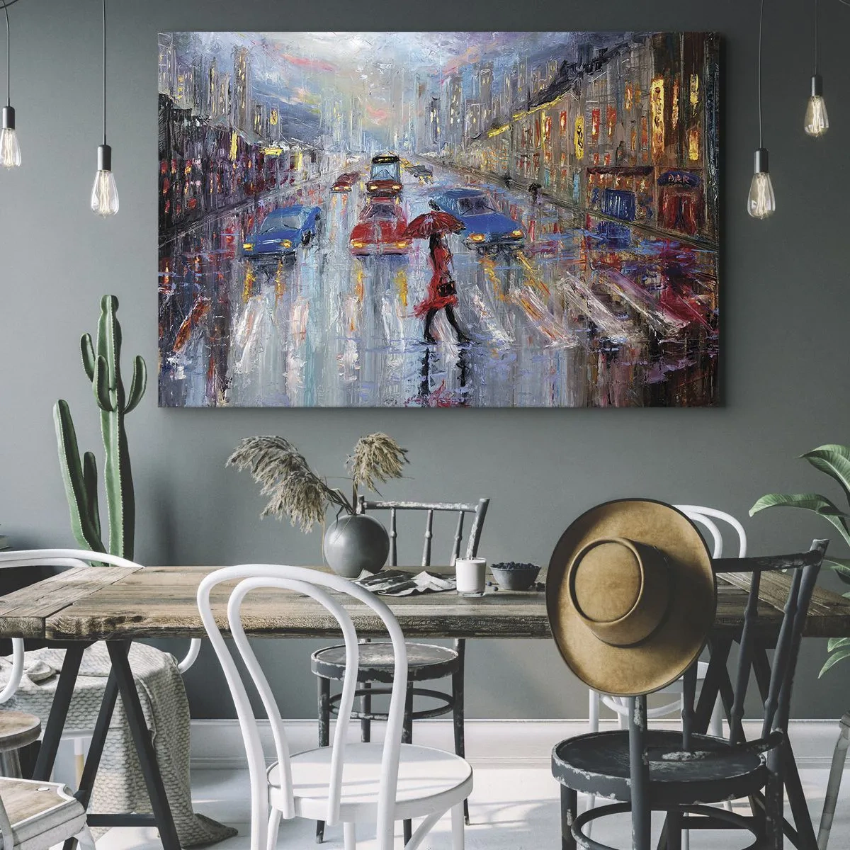 Tablou pe pânză Canvas - O femeie cu o umbrelă pe o stradă ploioasă, în lumina neonului. - 70x50cm - O după-amiază ploioasă în oraș - Decorațiune modernă pentru perete pentru living și dormitor ARTTOR