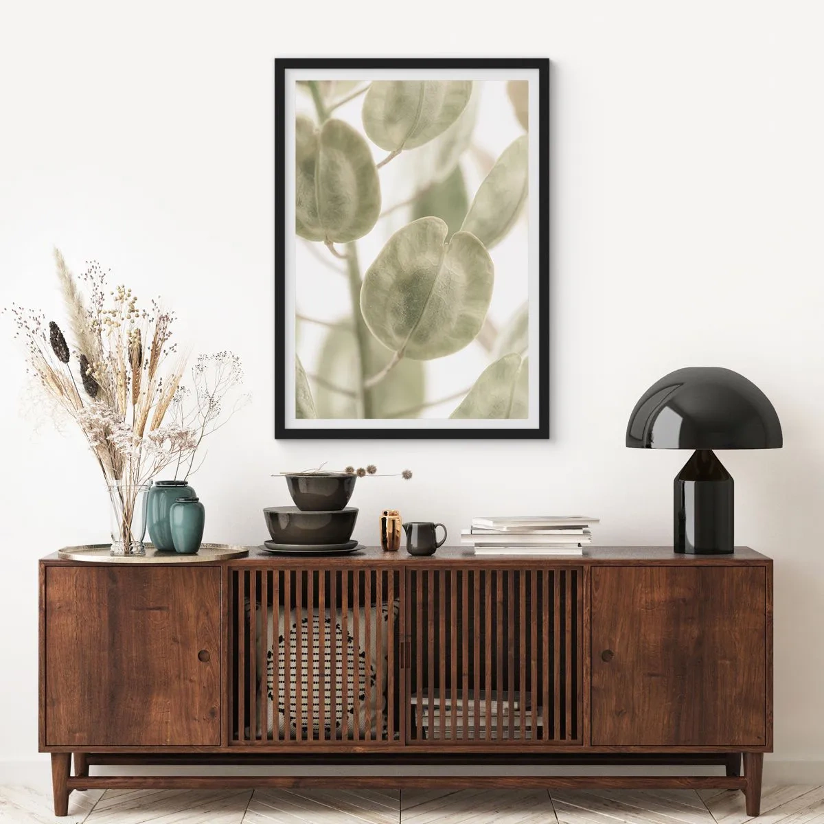 Poster în ramă neagră - Prim-plan cu frunze verzi în lumină naturală - 50x70cm - La început au fost frunzele... - Decorațiune modernă pentru perete pentru living și dormitor ARTTOR