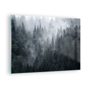 Tablou pe sticlă - Ceață plutind peste pădurea densă de conifere dimineața - 70x50cm - Zori de pădure - Decorațiune modernă pentru perete pentru living și dormitor ARTTOR