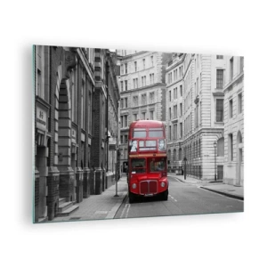 Tablou pe sticlă - Un autobuz roșu printre străzile monocromatice ale orașului - 70x50cm - Viața de zi cu zi nu trebuie să fie gri - Decorațiune modernă pentru perete pentru living și dormitor ARTTOR