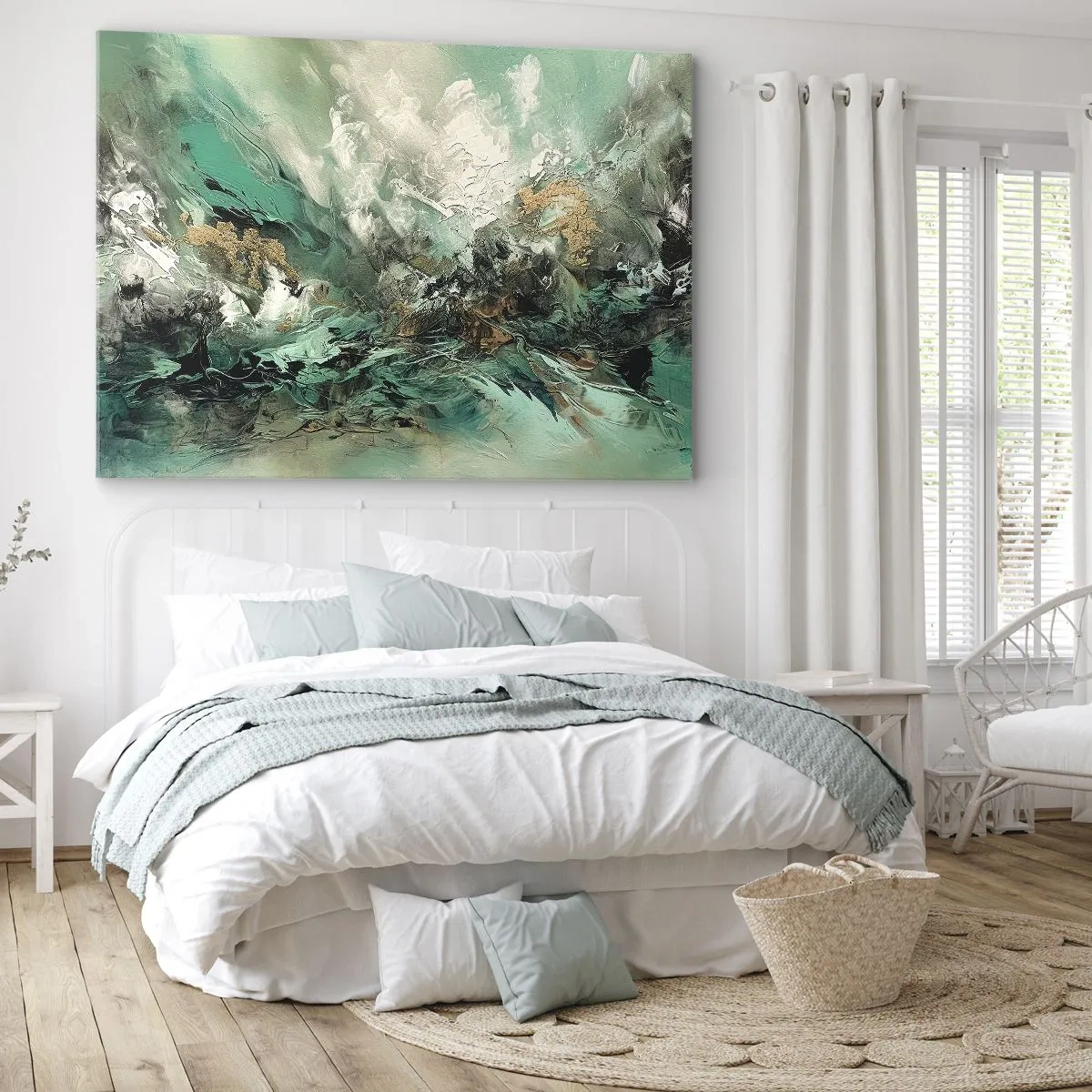 Tablou pe pânză Canvas - Peisaj abstract în nuanțe de verde și auriu - 70x50cm - Fierbere negru-smarald - Decorațiune modernă pentru perete pentru living și dormitor ARTTOR