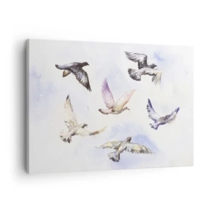 Tablou pe pânză Canvas - Păsări în acuarelă în zbor pe un cer delicat - 70x50cm - Libertatea în gri și albastru - Decorațiune modernă pentru perete pentru living și dormitor ARTTOR