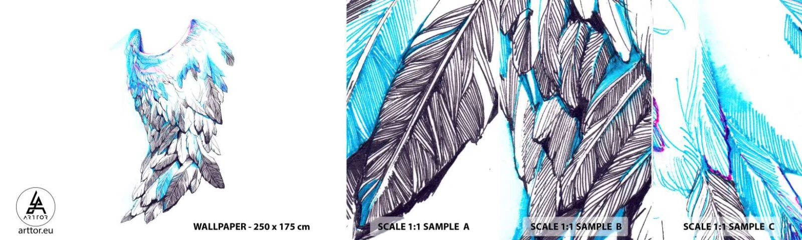 Mostră tapet autocolant Deluxe Sticker - Am nevoie de aripi - Abstracția, Aripă de pasăre, Pene de păsări - 100x30 cm