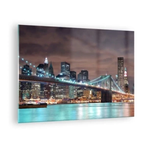 Tablou pe sticlă - Panoramă nocturnă a orașului cu podul iluminat - 70x50cm - Luminile marelui oraș - Decorațiune modernă pentru perete pentru living și dormitor ARTTOR