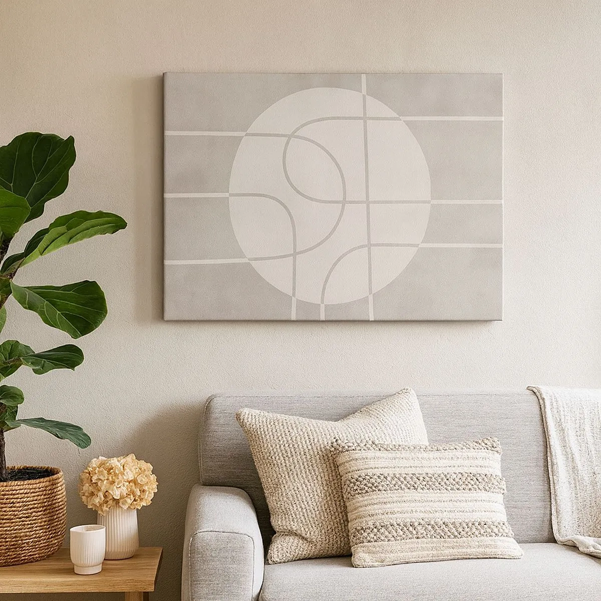 Tablou pe pânză Canvas - Model geometric în nuanțe de gri și alb - 70x50cm - Circular și drept înainte - Decorațiune modernă pentru perete pentru living și dormitor ARTTOR