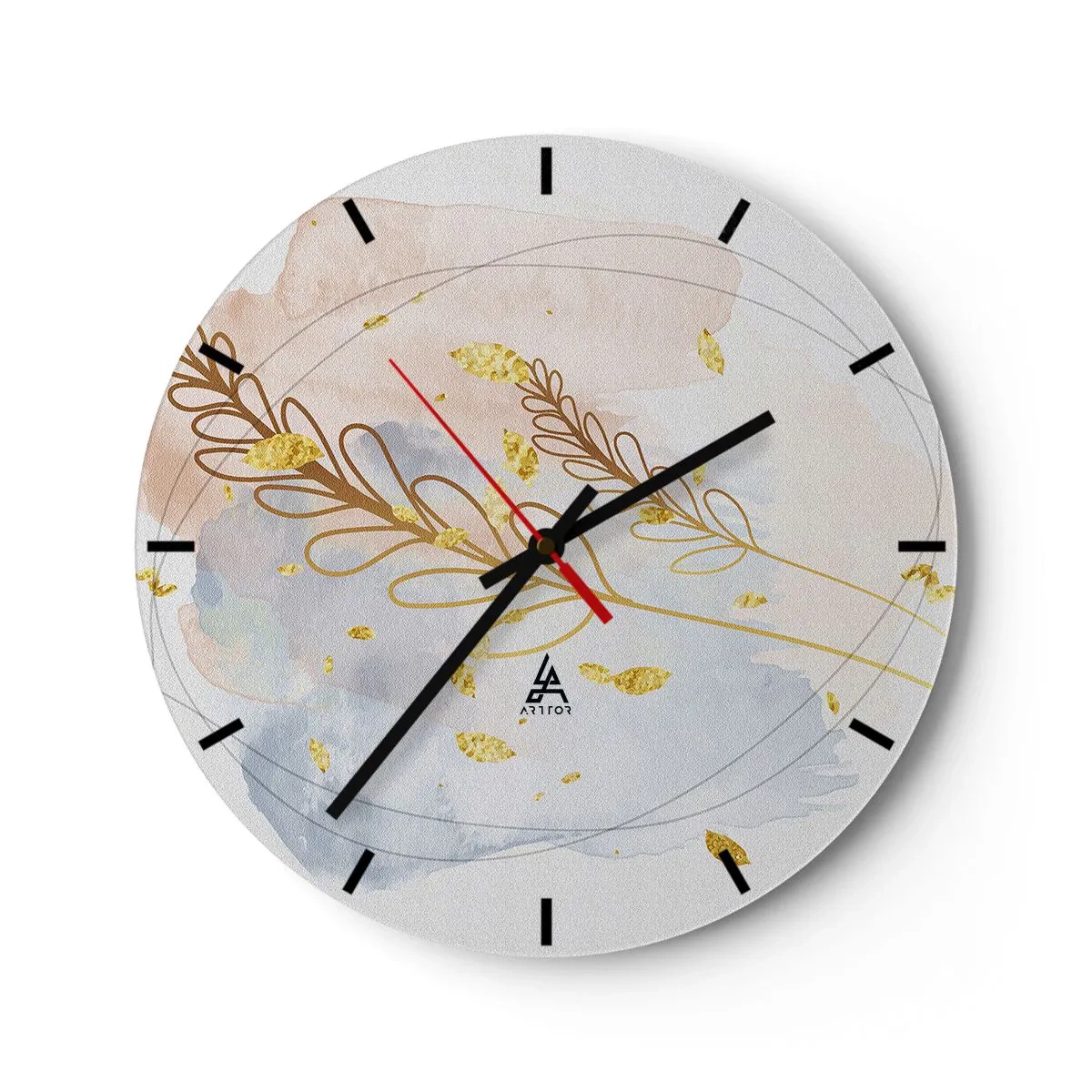 Ceas de perete - Ceas pe sticlă - Un motiv floral delicat cu accente aurii în acuarelă - 30x30cm - Suflul de aur - Decorațiune modernă pentru perete pentru living, bucătărie și dormitor ARTTOR