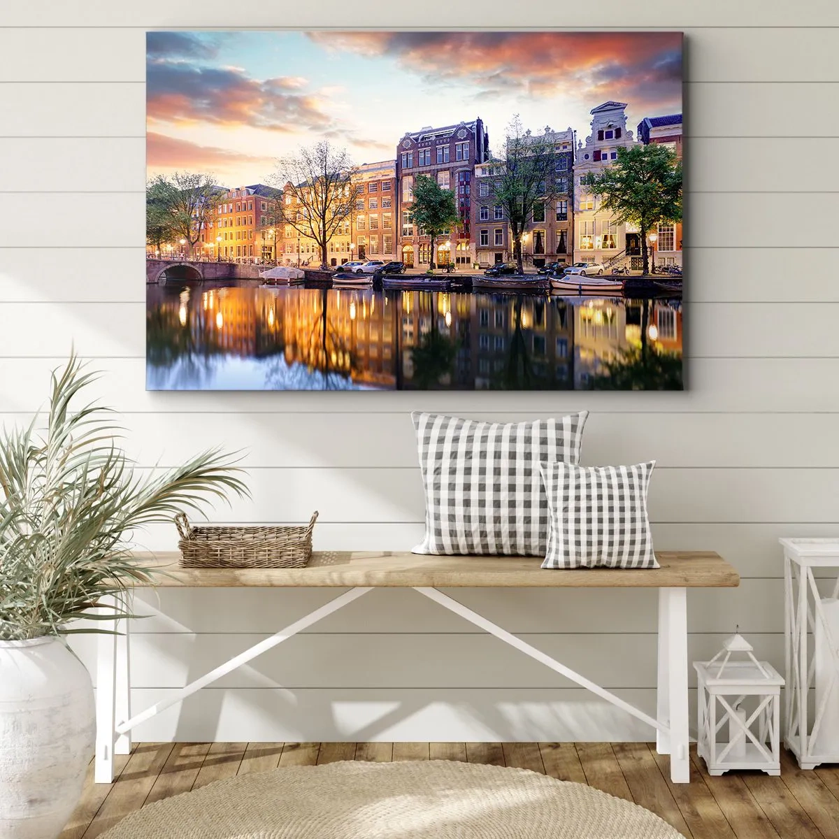 Tablou pe pânză Canvas - Canal cu reflexia caselor de locuit în lumina serii - 70x50cm - Frumusețe olandeză sobră și calmă - Decorațiune modernă pentru perete pentru living și dormitor ARTTOR