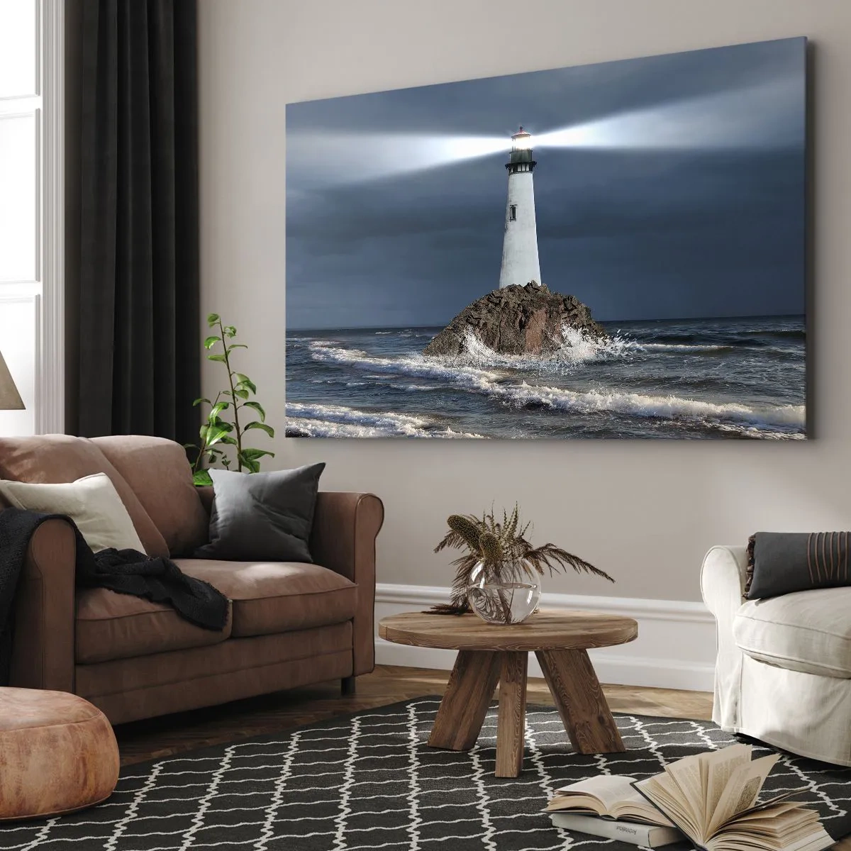 Tablou pe pânză Canvas - Un far pe o stâncă înconjurat de o mare furtunoasă - 70x50cm - Aici... aici...! - Decorațiune modernă pentru perete pentru living și dormitor ARTTOR