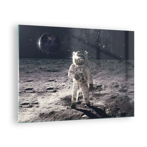 Tablou pe sticlă - Astronautul pe suprafața Lunii cu Pământul în fundal - 70x50cm - Salutări de pe Lună - Decorațiune modernă pentru perete pentru living și dormitor ARTTOR