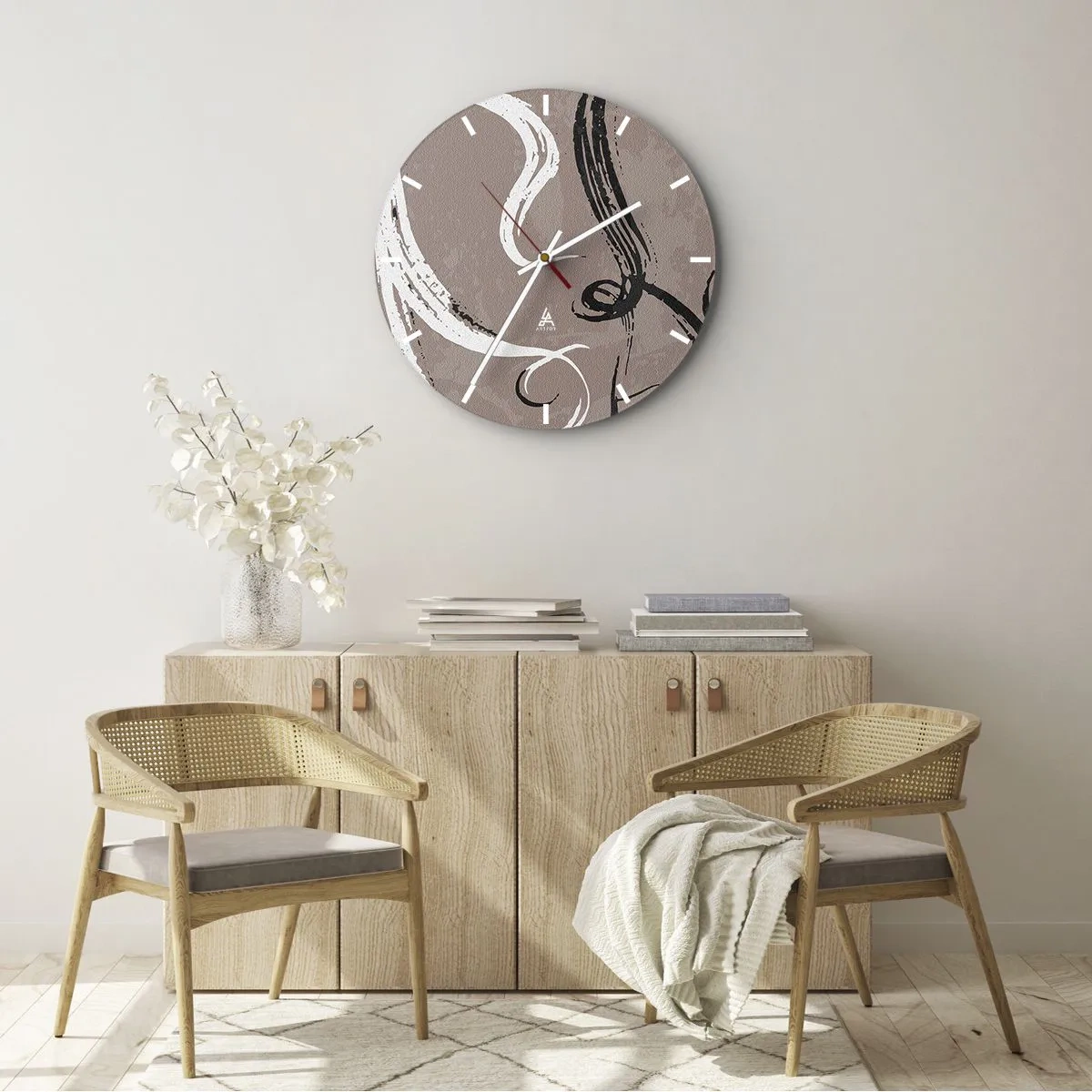 Ceas de perete - Ceas pe sticlă - Fundal maro cu tușe expresive alb-negru - 30x30cm - Compoziția - căutarea plenitudinii - Decorațiune modernă pentru perete pentru living, bucătărie și dormitor ARTTOR