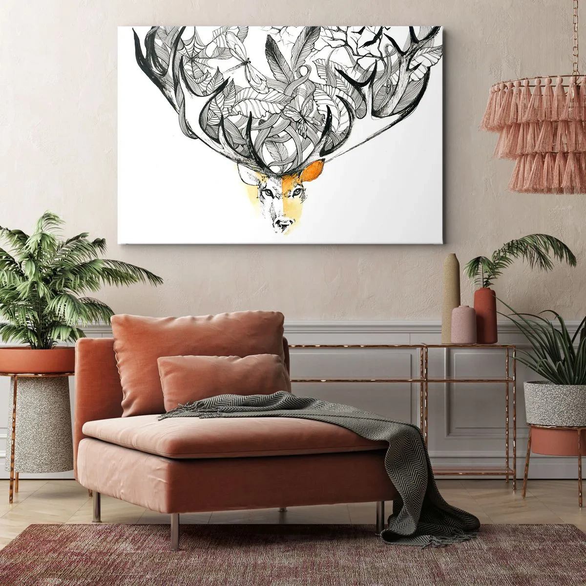 Tablou pe pânză Canvas - Grafică subtilă de cerb cu coarne decorative - 70x50cm - Coarne de abundență - Decorațiune modernă pentru perete pentru living și dormitor ARTTOR