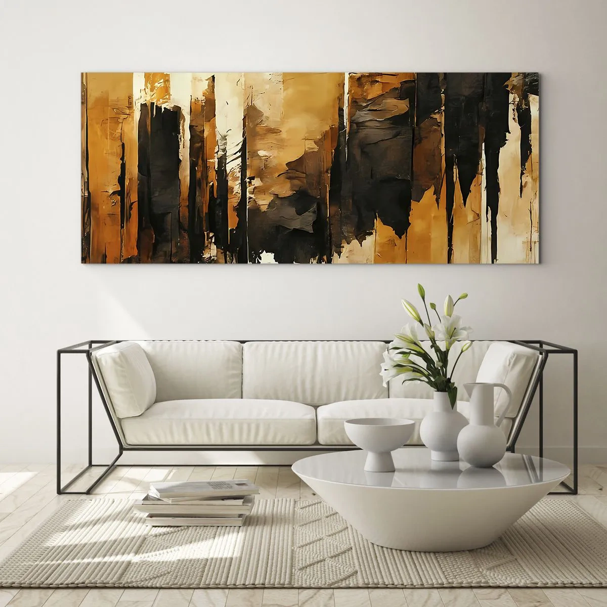 Tablou pe sticlă - Armonie de negru și auriu - 100x40 cm