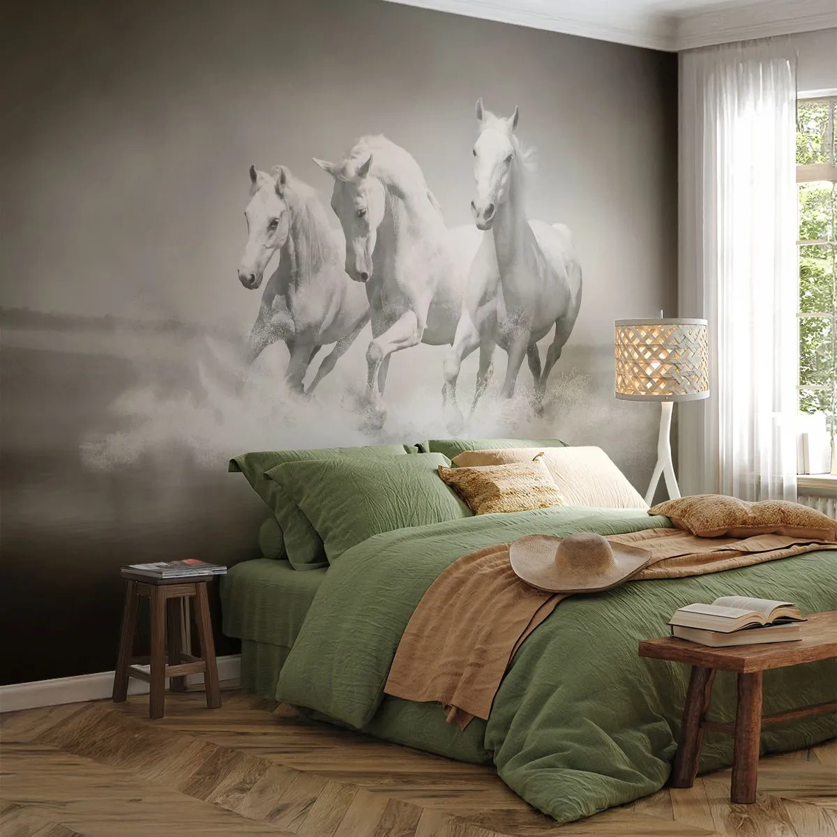 Tapet Standard Eco - Nebunie albă - Animale, Cai, Natură - 200x140 cm